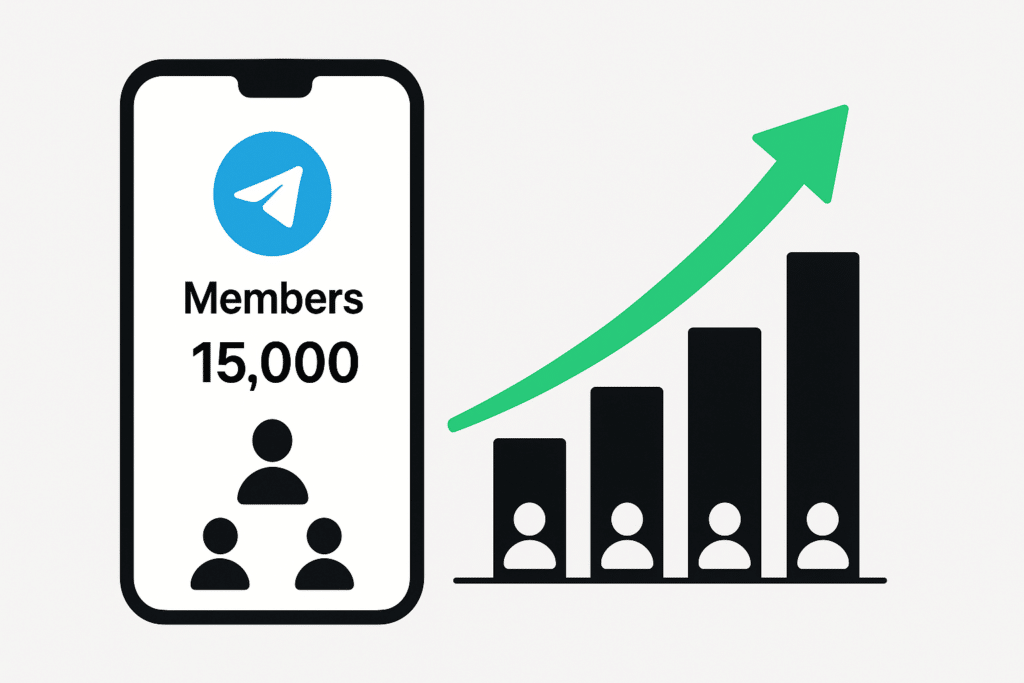 Minimal 2D illustration showing Telegram channel growth with a smartphone interface, member count, and rising bar chart – symbolizing credibility, popularity, and audience increase.