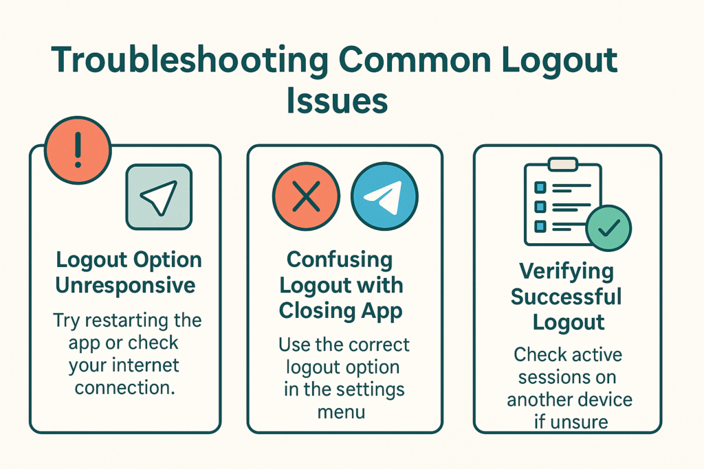 A helpful infographic summarizing common logout issues on Telegram, including unresponsive logout options, confusion between closing and logging out, and tips for verifying successful logout—designed to boost user security and clarity.