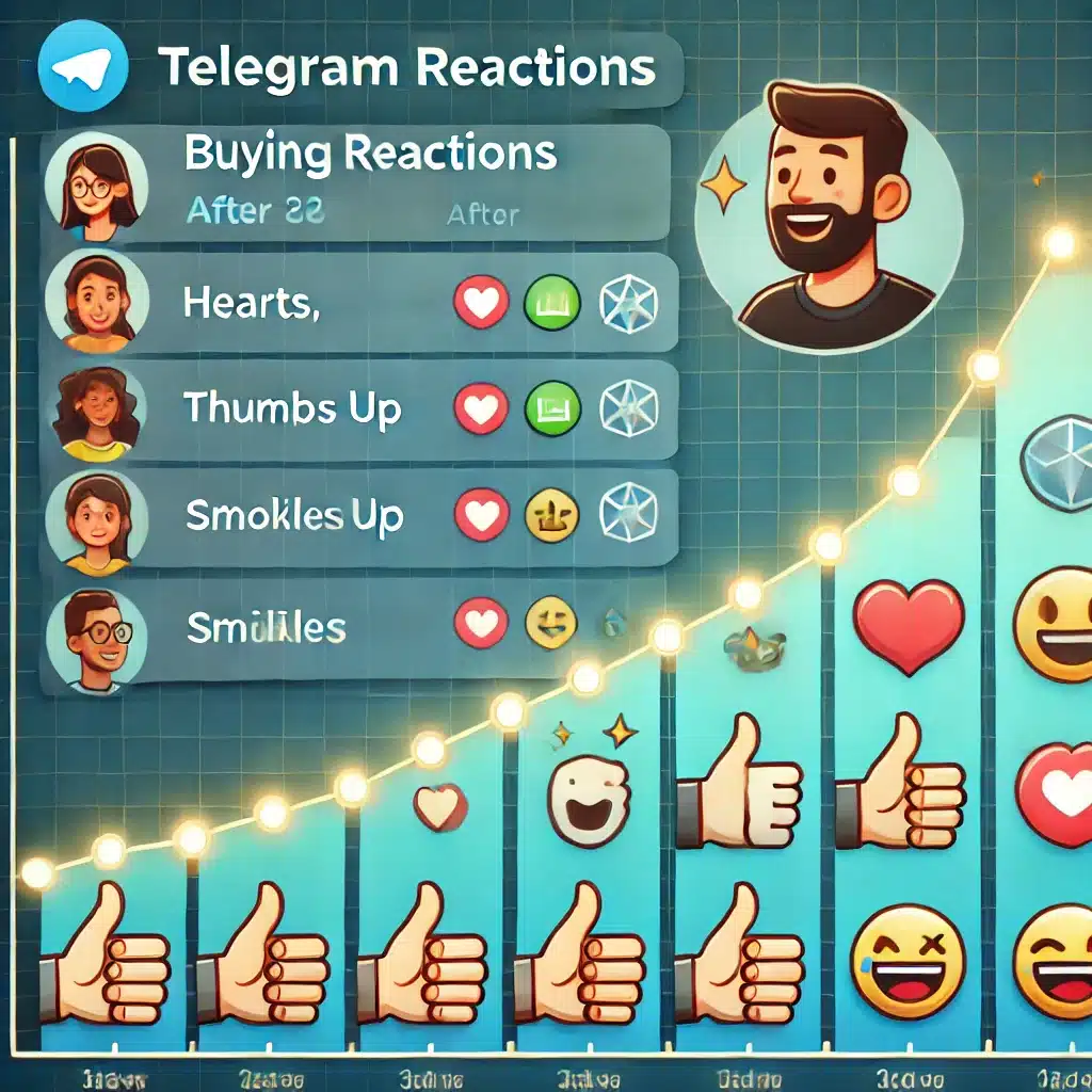 Image showing a Telegram channel’s engagement growth after buying reactions, with increased emojis like hearts and thumbs up, and a graph representing upward trends in engagement.
