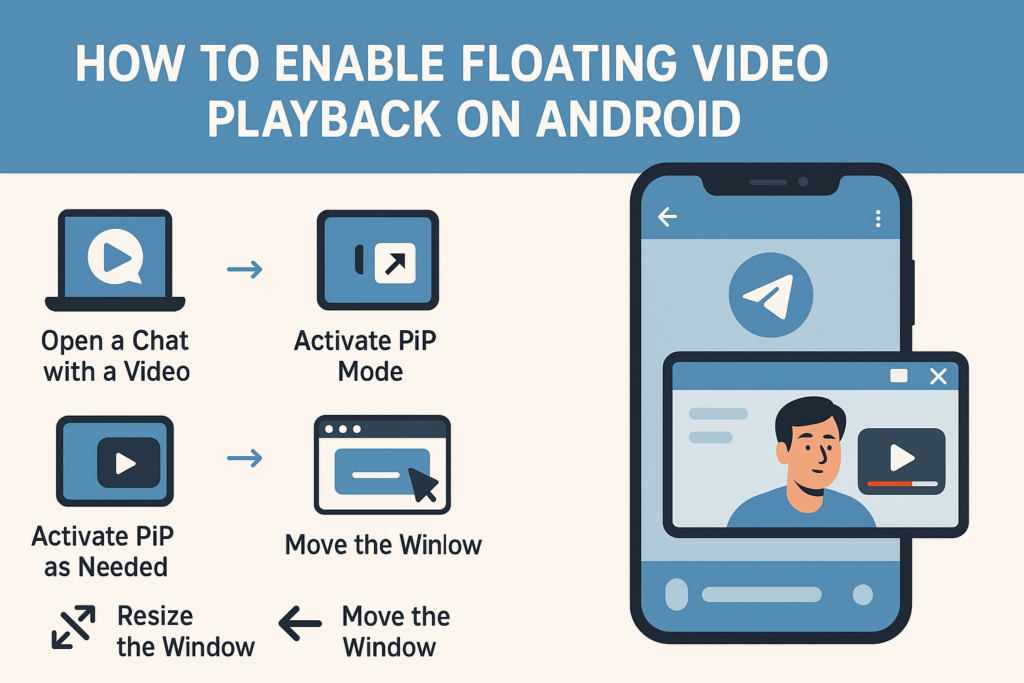 A creative 16:9 infographic visually explaining how to enable floating video playback (PiP mode) on Telegram for Android. Includes step-by-step instructions with icons for playing, shrinking, moving, and controlling video windows. Ideal for users looking to multitask while watching videos.