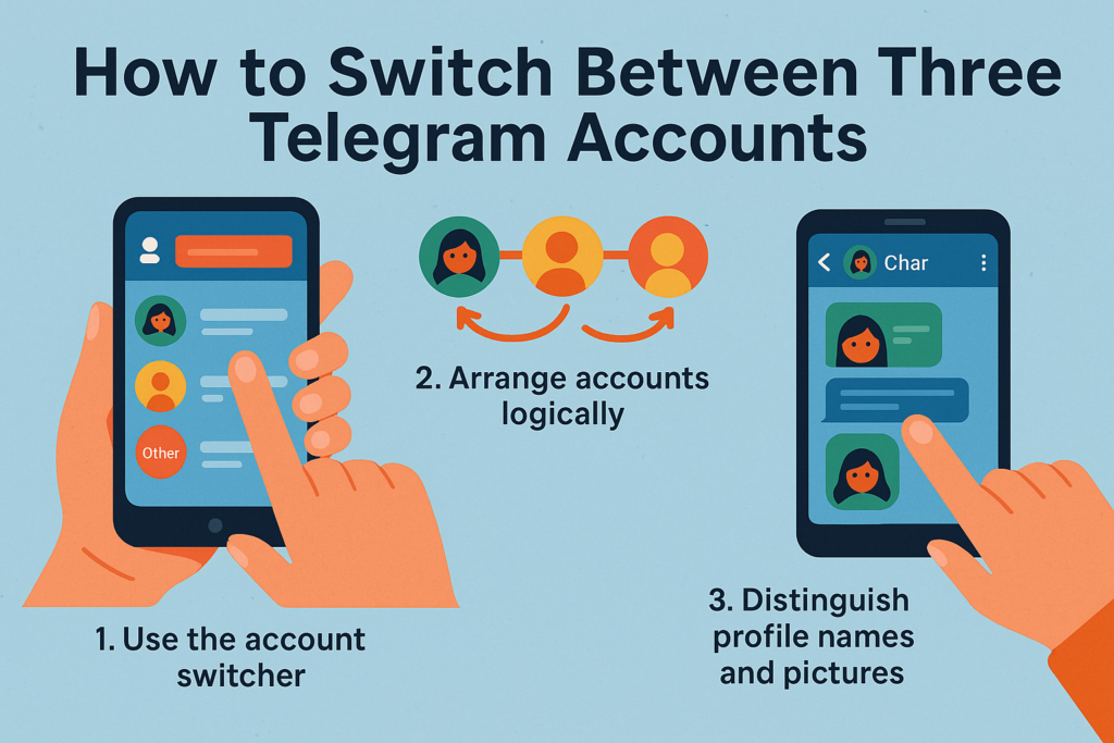 A clear infographic guide showing how to efficiently switch between three Telegram accounts using the account switcher, logical arrangement, and visual identifiers.