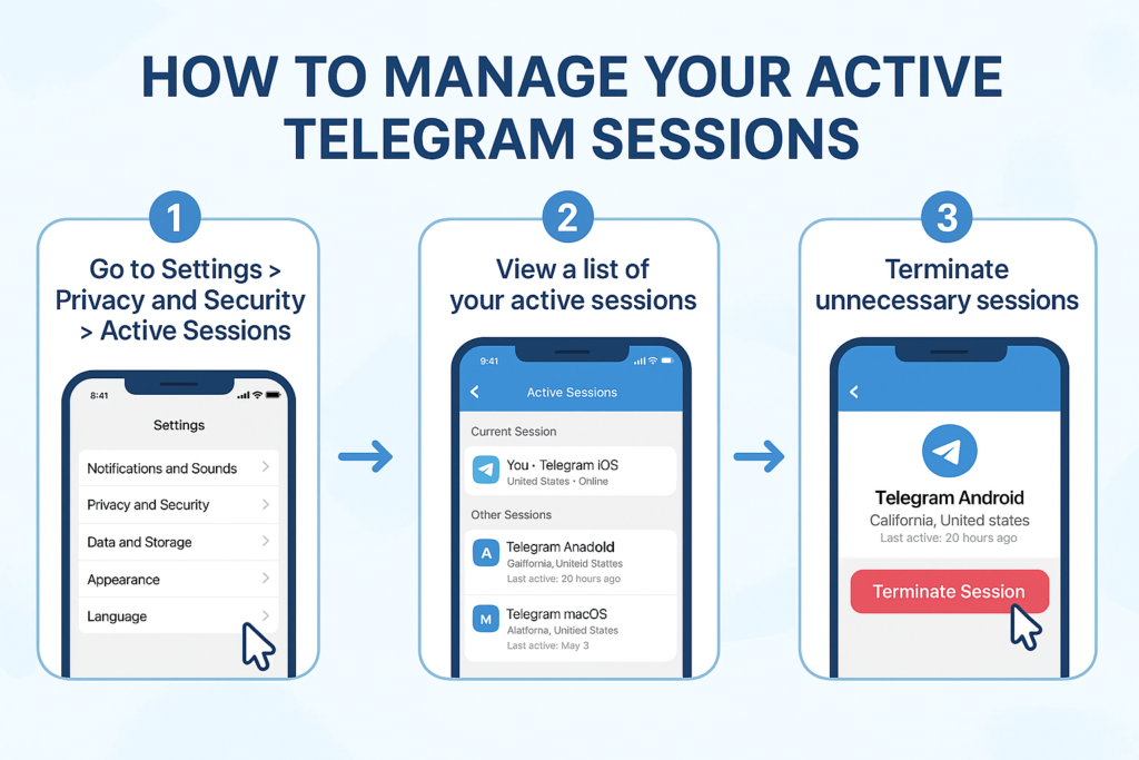 A simple and creative infographic explaining how to manage active Telegram sessions. It guides users through accessing privacy settings, reviewing logged-in devices, and terminating unnecessary sessions to enhance account security and control.