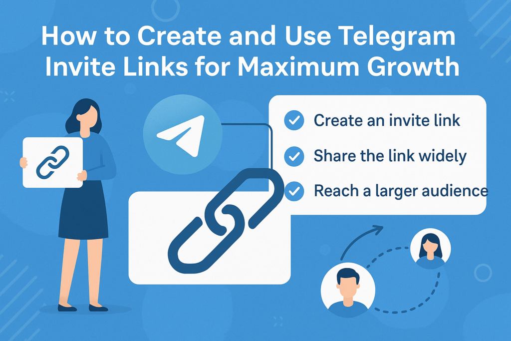 An engaging infographic summarizing how to create and share Telegram invite links for group growth. It highlights key steps like link creation, wide distribution, and attracting a larger audience for better community engagement.