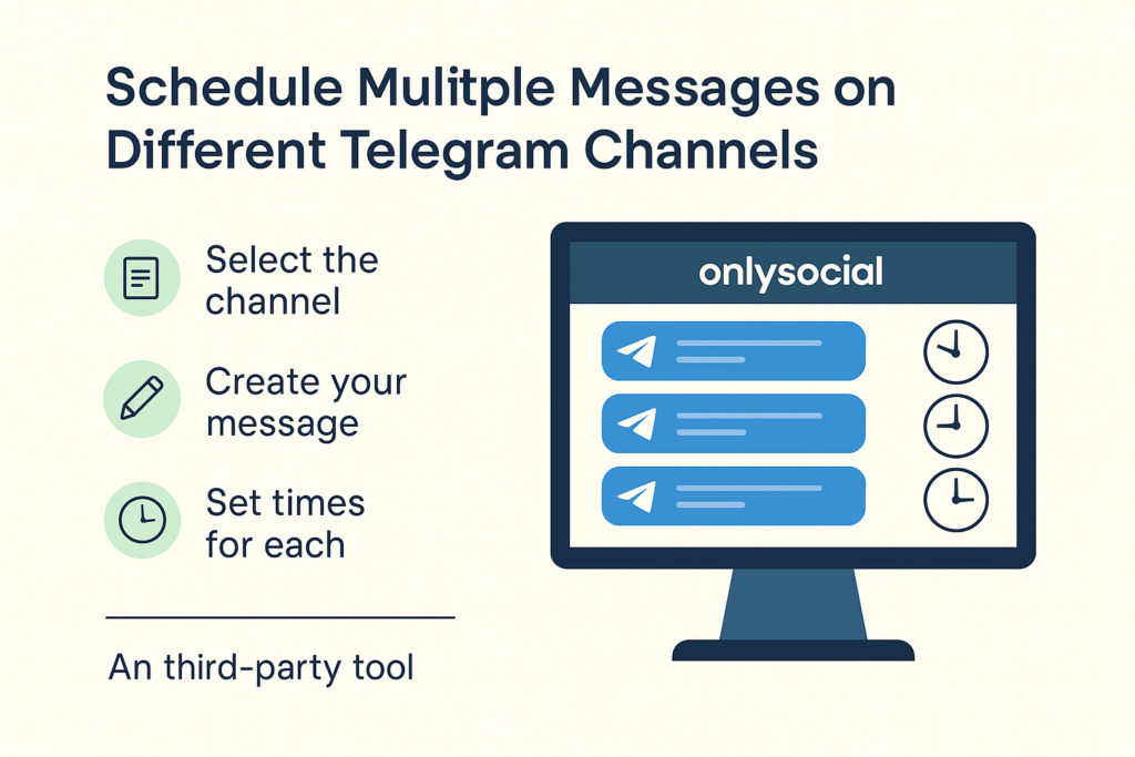 A modern infographic explaining how to schedule multiple messages on different Telegram channels using a third-party tool like onlysocial, highlighting steps such as selecting channels, creating messages, and setting individual times.