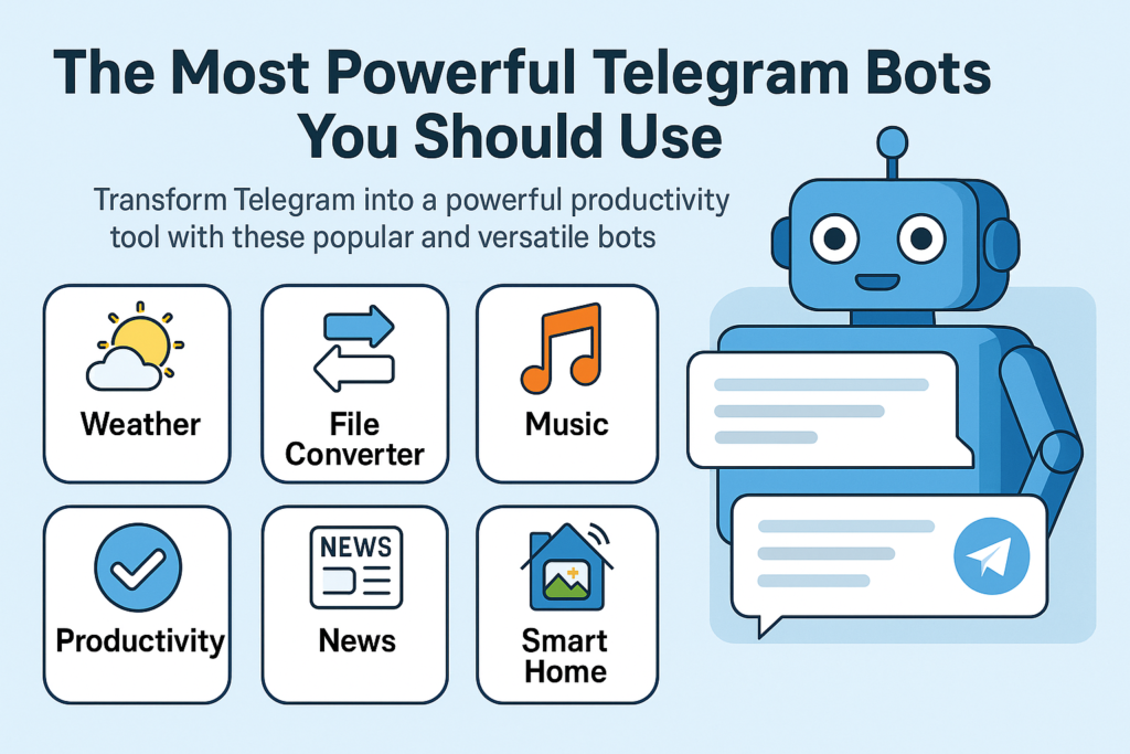 A colorful infographic showcasing the most powerful Telegram bots, including tools for weather updates, file conversion, music, productivity, news, and smart home control—enhancing Telegram's functionality beyond messaging.