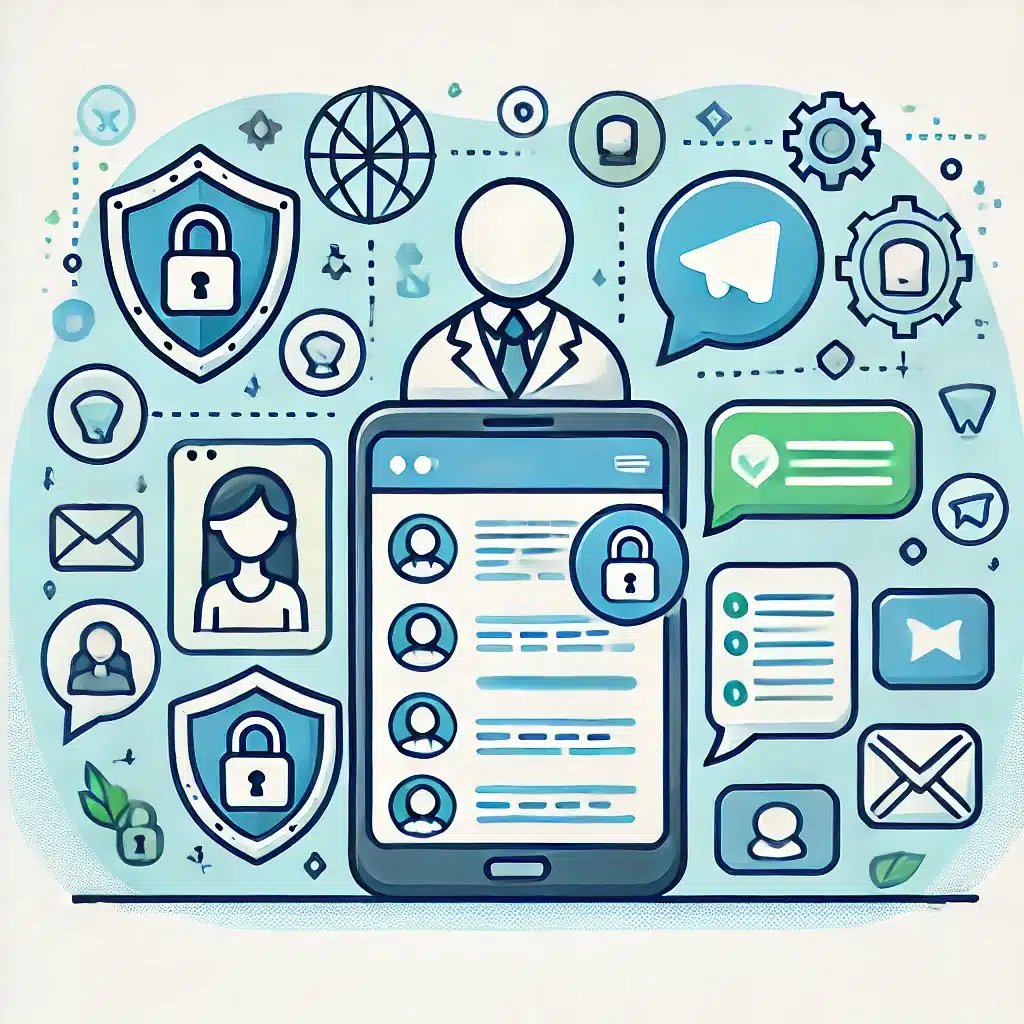 Illustration showing the secure and safe process of purchasing Telegram members with icons of security and trust, ensuring no risk of bans.