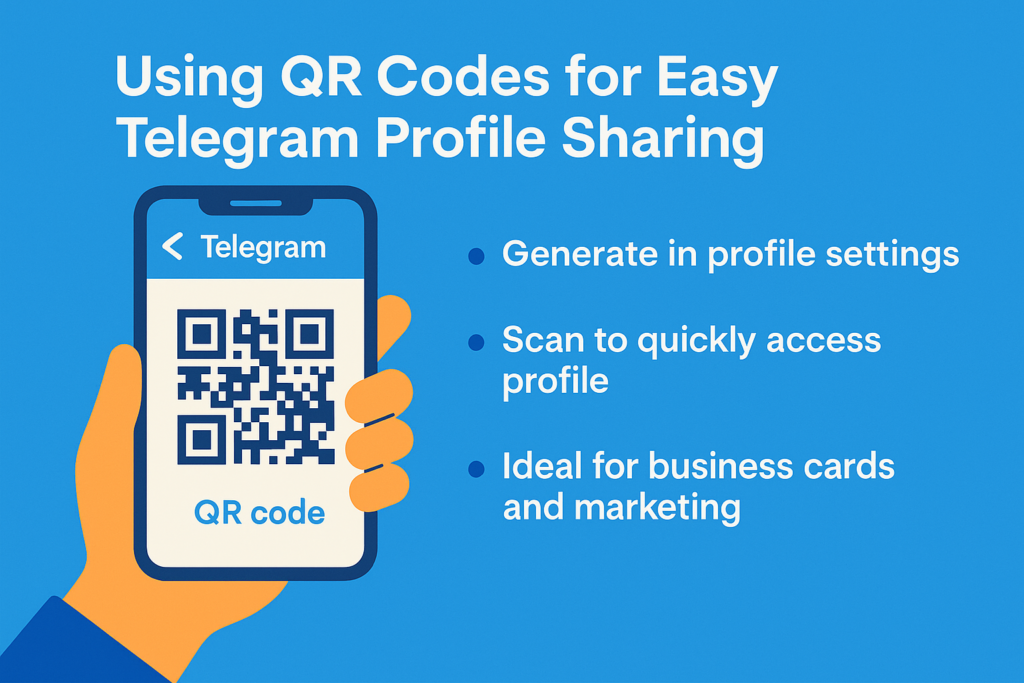 A creative infographic showcasing how to use Telegram’s built-in QR code feature for quick and easy profile sharing. Ideal for networking through business cards, social media, and in-person interactions.