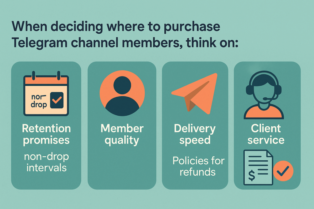 Creative infographic highlighting key factors to consider when buying Telegram channel members, including retention promises, member quality, delivery speed, and customer service. Perfect for WordPress blog posts.