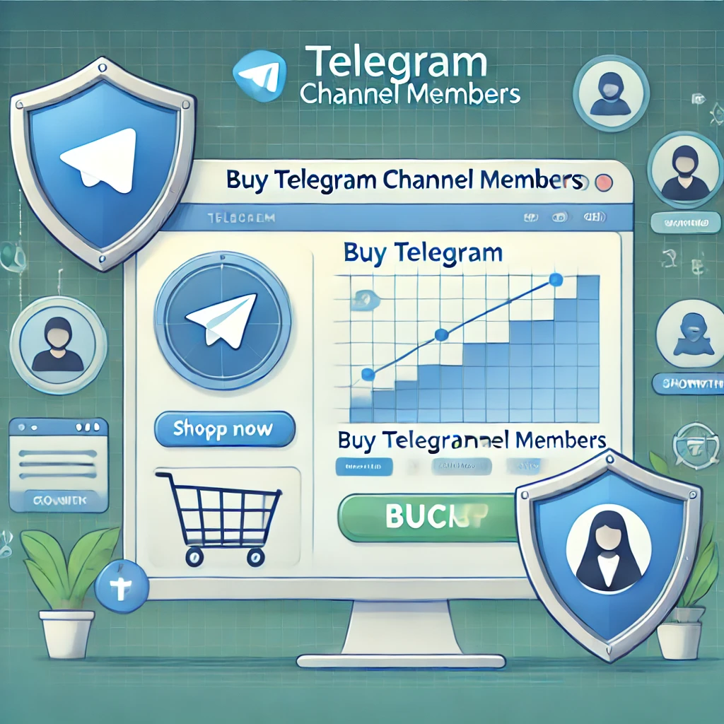 trusted website interface to buy Telegram channel members, featuring a Telegram logo, shield for security, and growth chart.