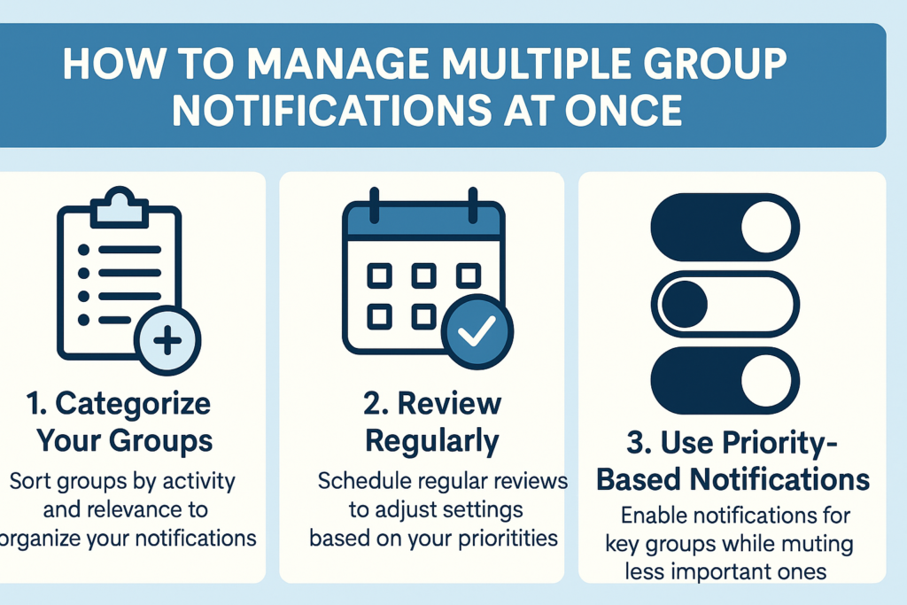 Infographic guide showing how to manage multiple Telegram group notifications by categorizing groups, reviewing settings regularly, and using a priority-based alert system to avoid overload.