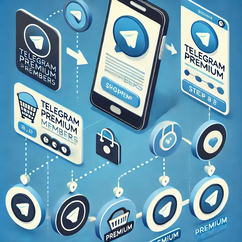 Step-by-step illustration showing how to purchase Telegram Premium Members, featuring a smartphone with Telegram, a shopping cart, payment icon, and user profiles with premium badges, symbolizing the process of buying high-quality members for enhanced channel engagement.