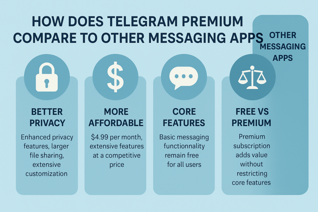 A creative infographic comparing Telegram Premium to other messaging apps, highlighting its better privacy, competitive pricing, full-featured free tier, and valuable premium enhancements.