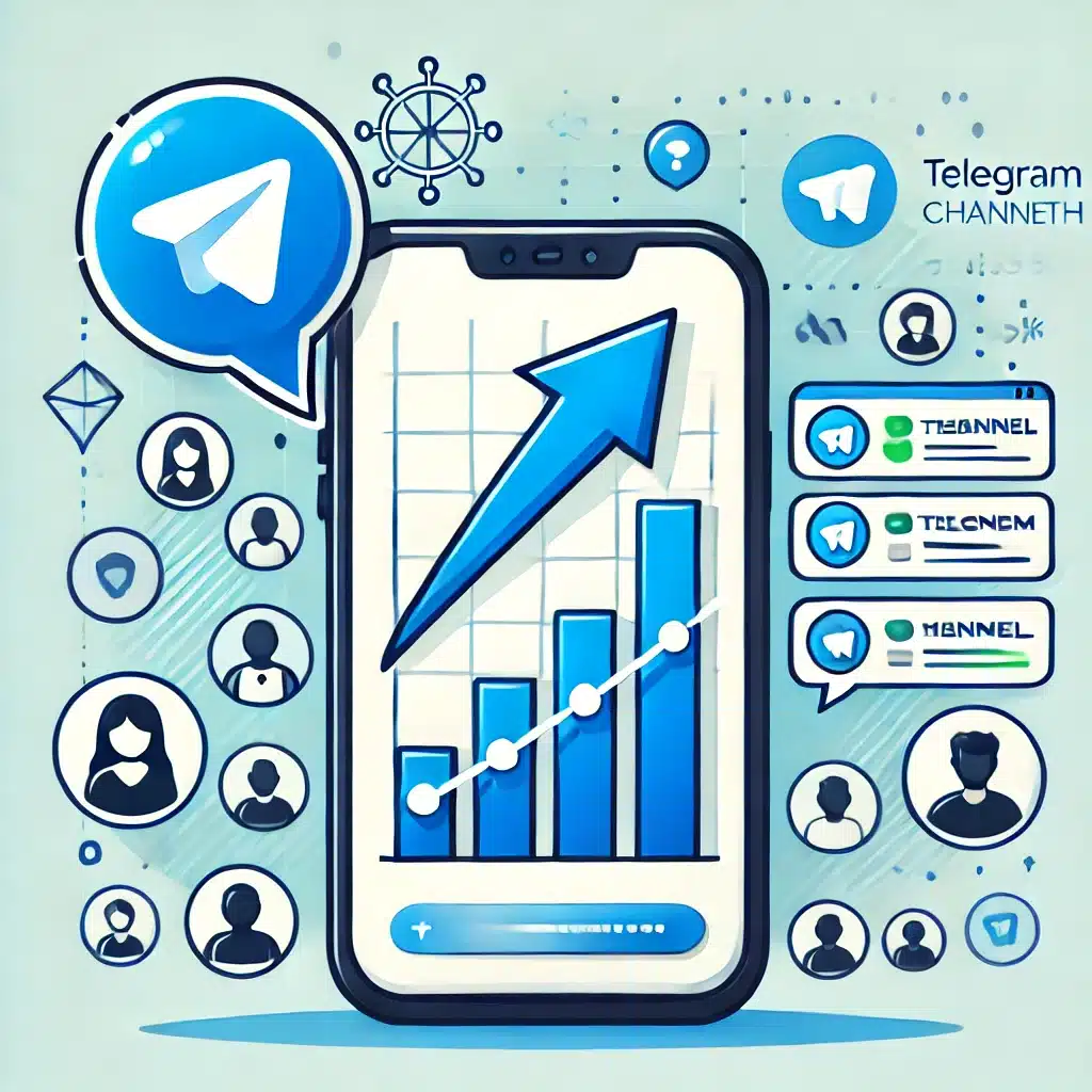 Illustration depicting easy and quick Telegram channel growth, featuring a smartphone with Telegram open, an upward growth chart, arrows, and user profile icons symbolizing rapid increase in members and engagement.