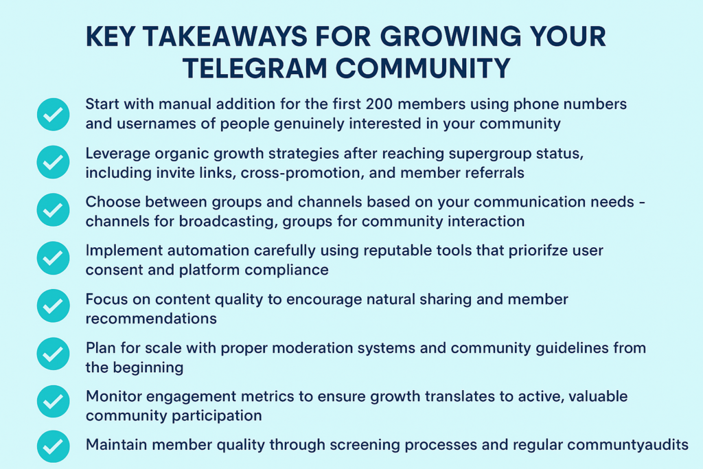 Visually engaging 16:9 infographic summarizing essential takeaways for growing a Telegram community—covering manual member addition, automation, content quality, and organic growth strategies.