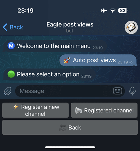 Click '🚀 Auto post views' and select '⚡️ Register a new channel' to set up your channel for automatic post views.