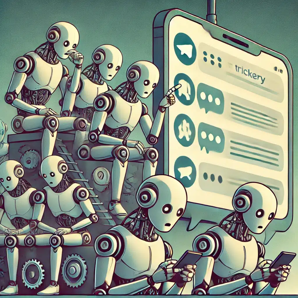Robotic bot members in a Telegram channel performing automated tasks, highlighting the lack of real interaction and meaningful engagement.