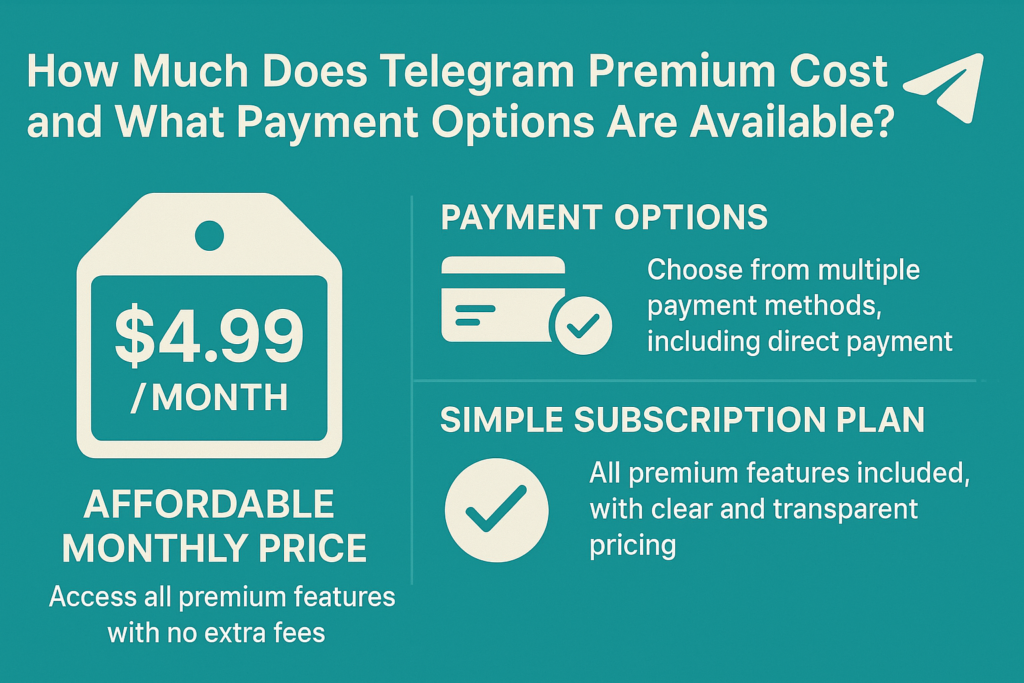 A clear and creative infographic explaining Telegram Premium's $4.99 monthly cost, available payment options, and transparent subscription model for users worldwide.