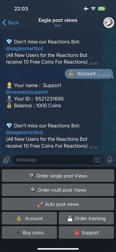 Click '💰 Account' to view your user info and the initial thousand coins for Telegram Post Views added to your account.