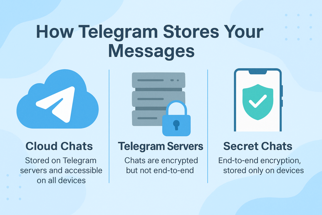 A clear infographic showing how Telegram stores your messages and chat data. It explains the difference between cloud chats, server-side encryption, and secret chats with end-to-end encryption, helping users understand where their messages are stored and how secure they are.