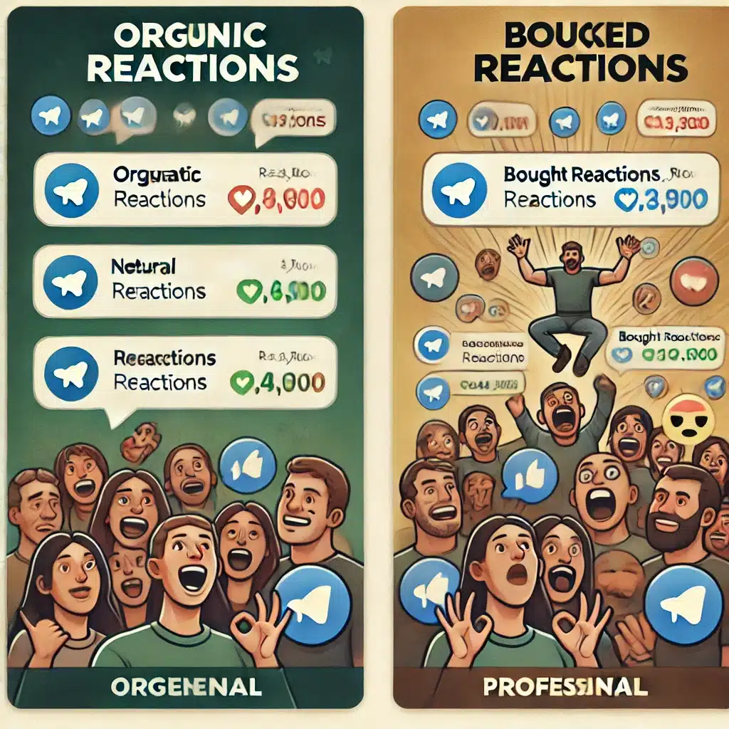 Comparison of two Telegram posts showing the difference between real organic reactions and exaggerated bought reactions.