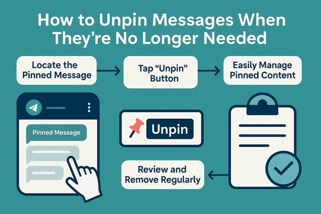 A simple and creative infographic that explains how to unpin messages in Telegram chats. It walks users through tapping the pinned message, selecting "Unpin," and regularly reviewing pinned content to keep conversations clean and organized.