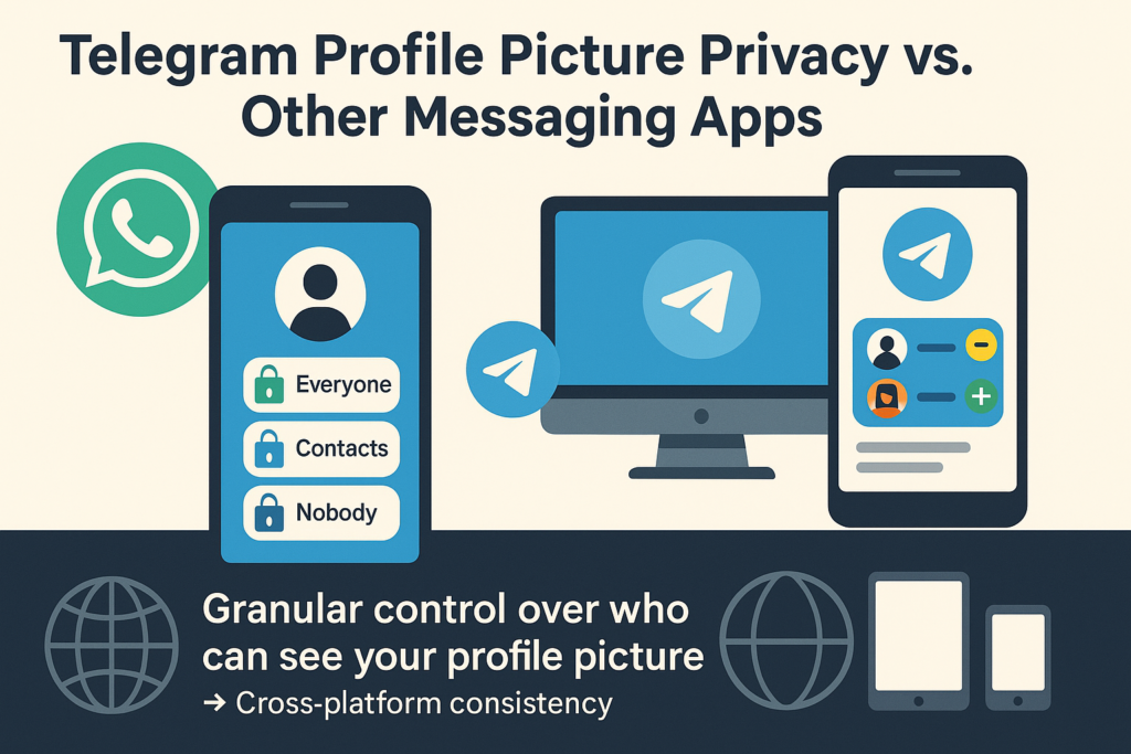 A comparative infographic showing Telegram's advanced profile picture privacy features versus WhatsApp. Highlights Telegram’s granular contact controls, exception lists, and cross-platform consistency for better privacy management.